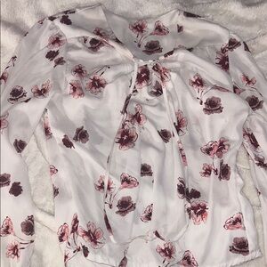 Gray and White Floral Tie Front Blouse